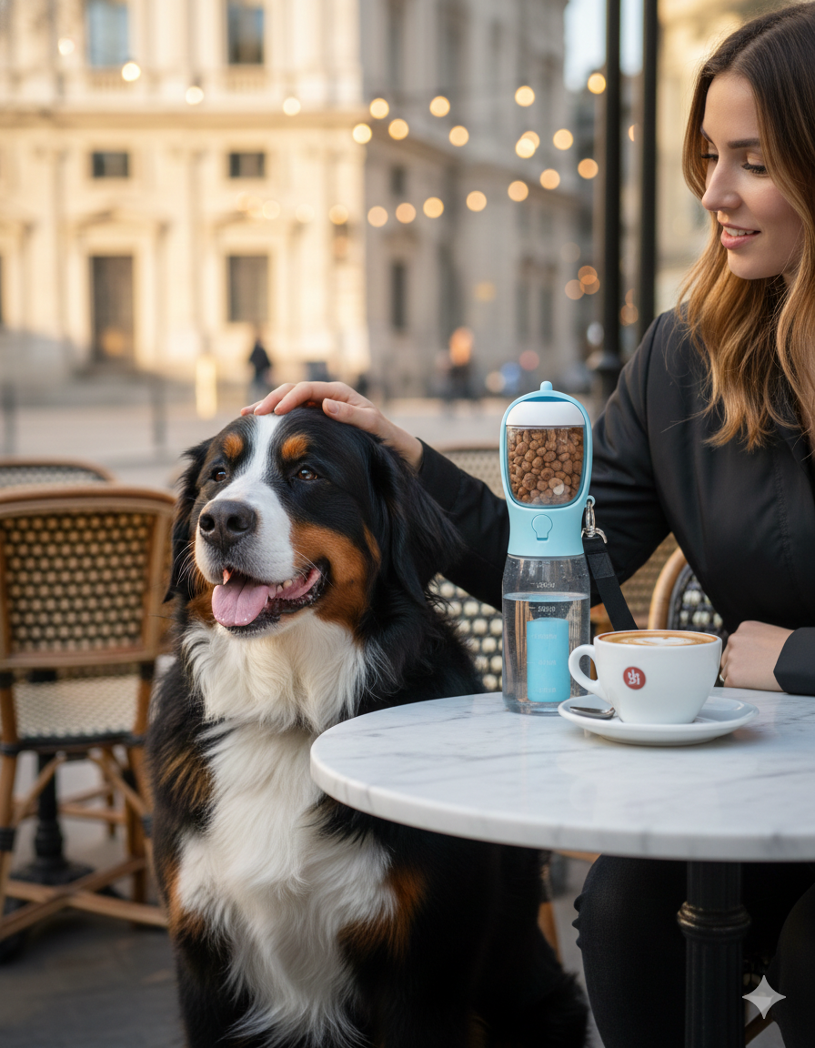 Owner at a European café with her Bernese mountain dog, ThirstPets bottle on the table