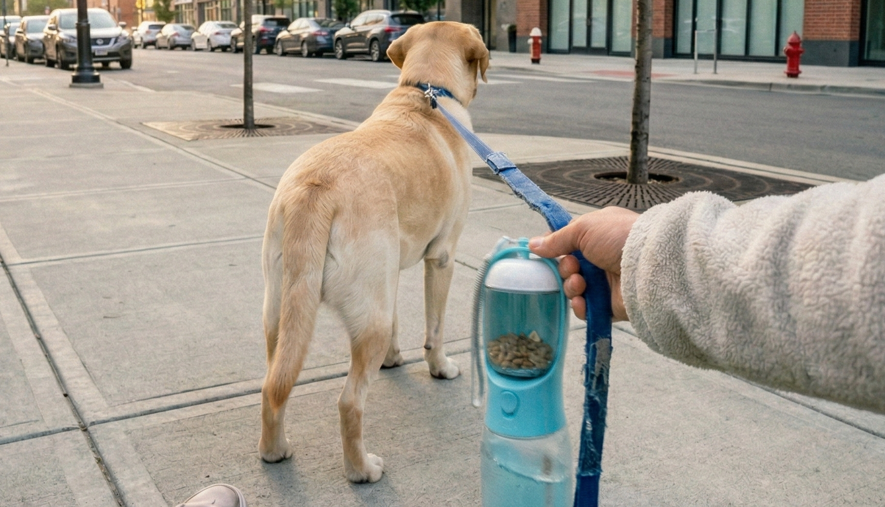 Dog staying hydrated on walk with Thirstpets portable water bottle