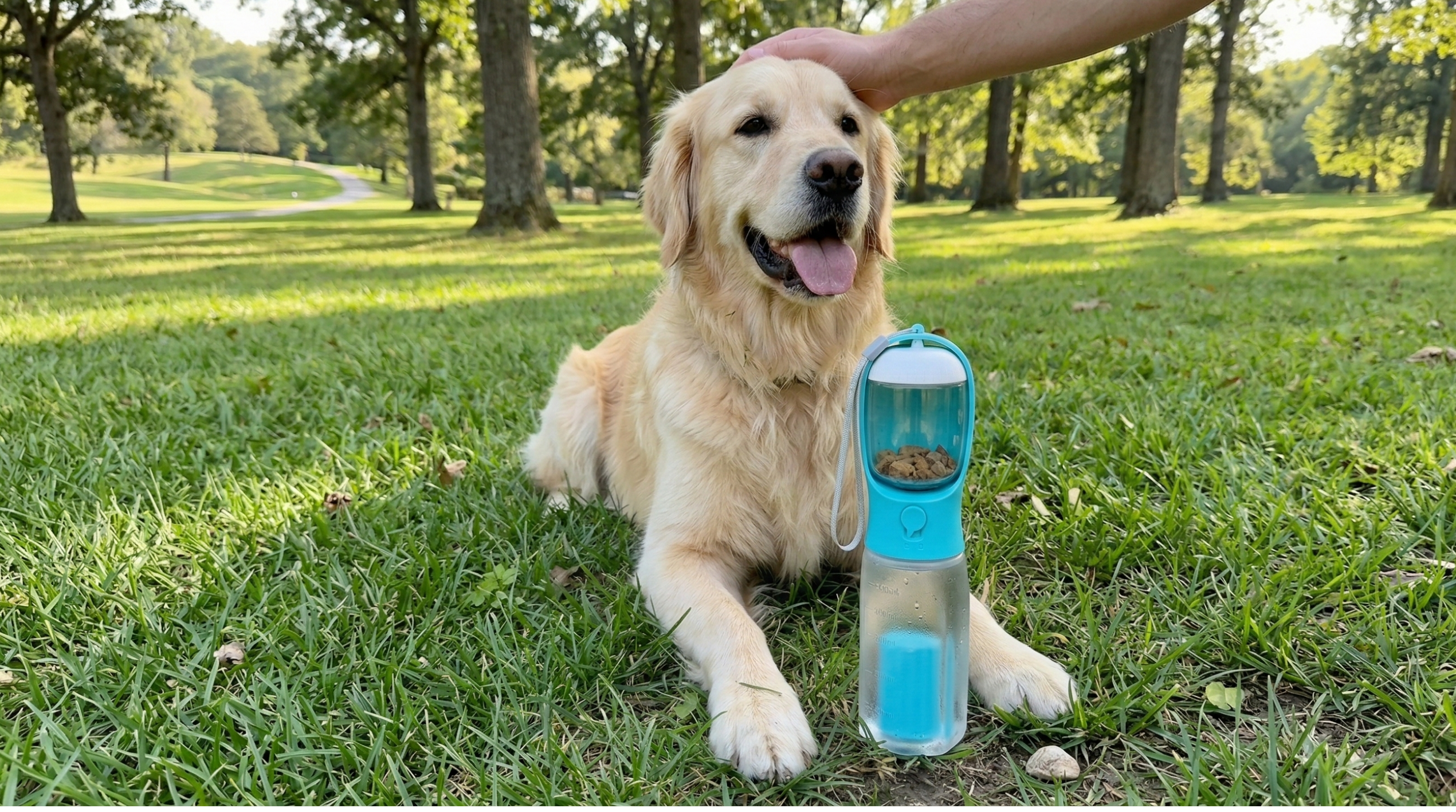 Happy dog owner using Thirstpets water bottle at the park